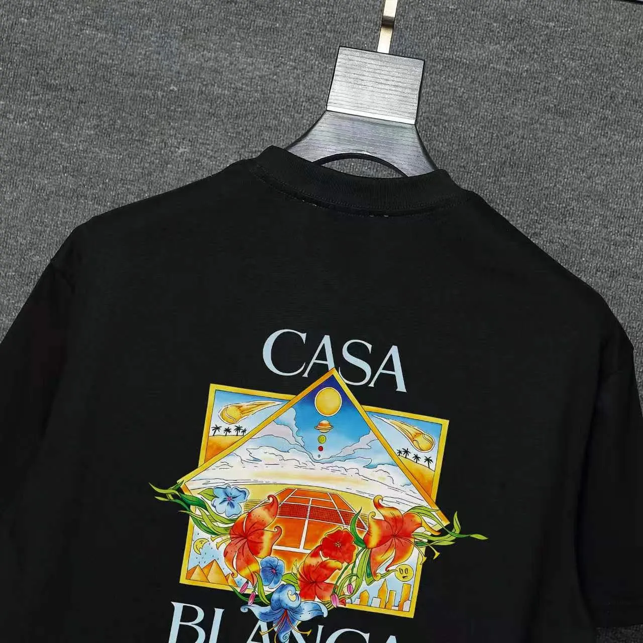 26ss CASABLANCA original printing process short-sleeved T-shirt original development using high-density double yarn pure cotton fabric upper body soft and comfortable color Black White Dark Green color Orange Pink Blue Royal Blue color cigarette powder 8 colors Sizes S M L XL